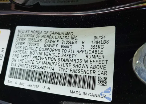 2025 Honda Civic Si Base W/High Performance Summer Tires/ z USA, uszkodzony, nr VIN 2HGFE1E5XSH471174